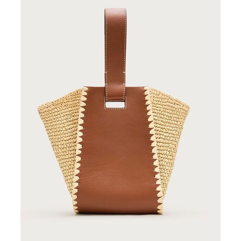 NWT J CREW  Raffia & Leather Bucket | Coastal Quiet Luxury Woven Top-handle bag - Picture 3 of 10